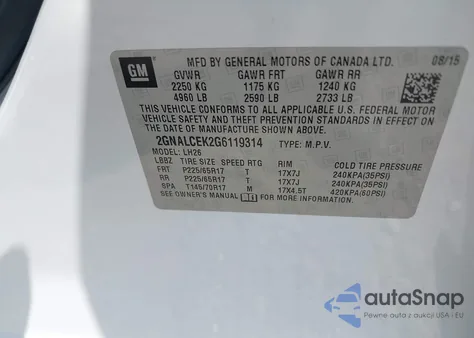 2016 Chevrolet Equinox Lt из США, поврежденный, VIN 2GNALCEK2G6119314